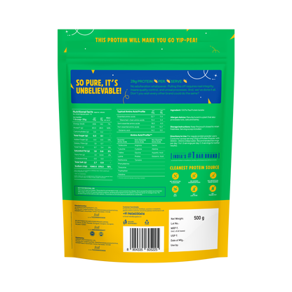 Back view of YogaBar ProClean Unflavoured Plant Protein 500g pouch showing 28g protein per serve, nutrition facts, and barcode