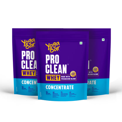 Three pouches of Yoga Bar ProClean Whey Protein Concentrate with ProAbsorb blend.