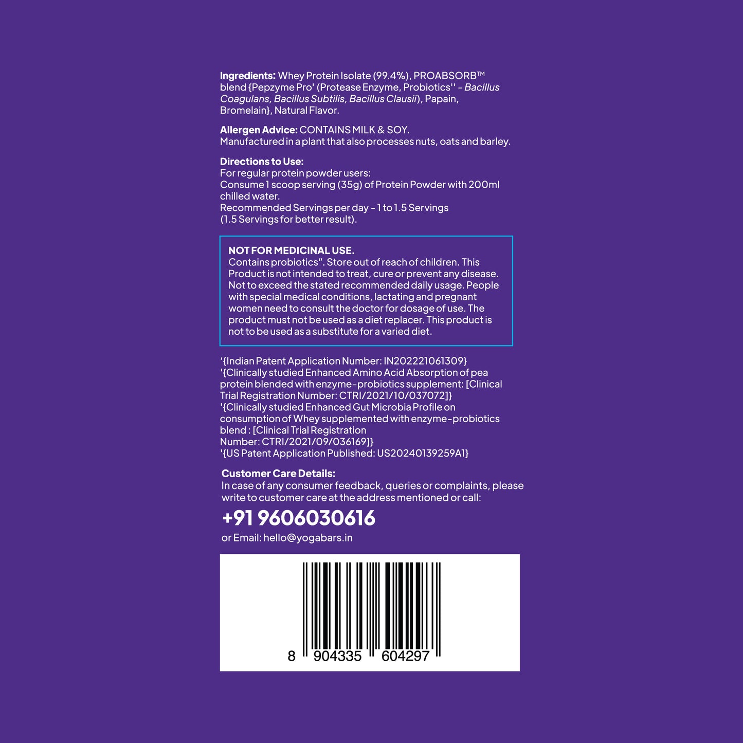 Yoga Bar ProClean Whey Isolate ingredients list, allergen advice, and directions for use.