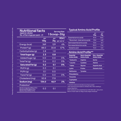 Yoga Bar ProClean Whey Isolate close-up nutritional facts and typical amino acid profile