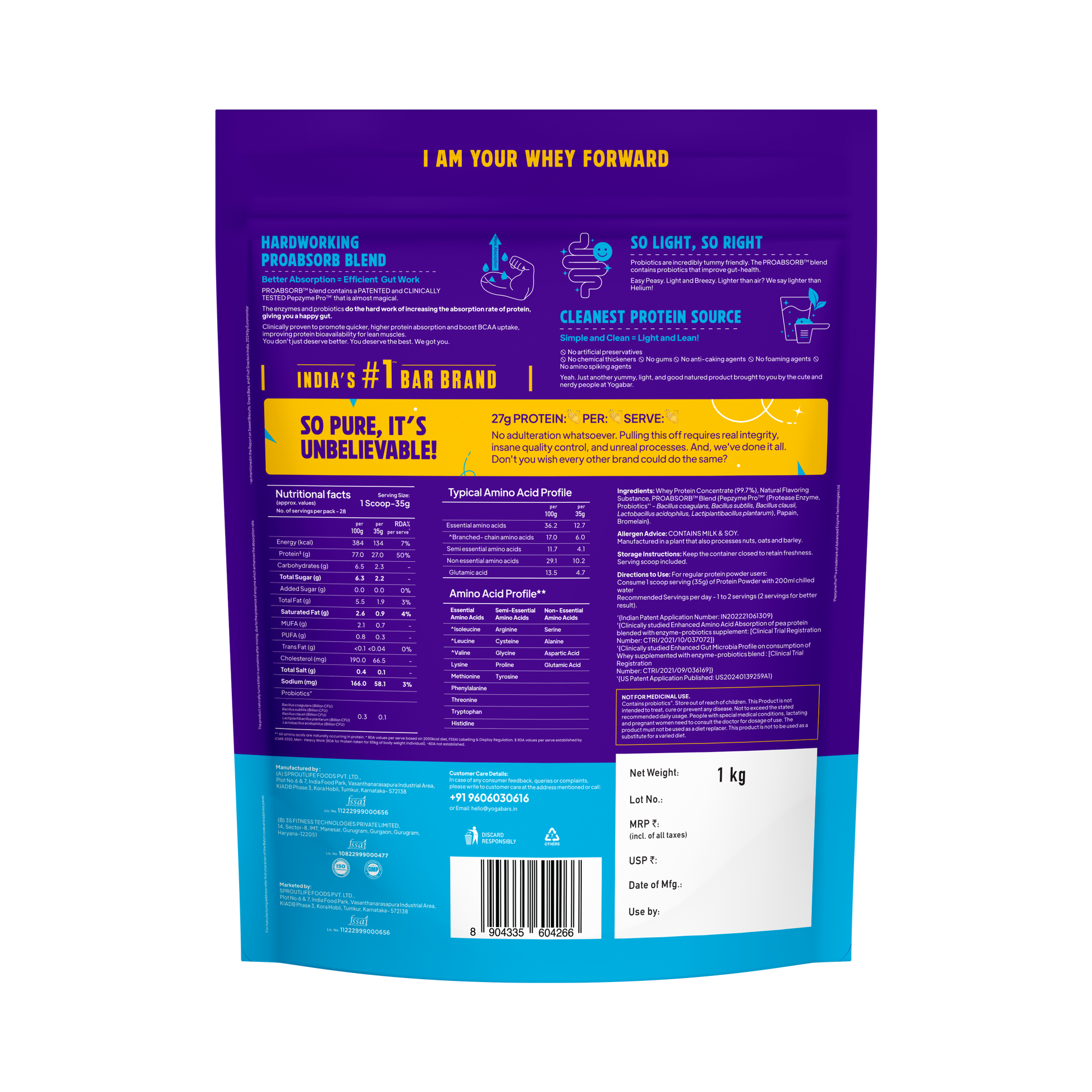 Yoga Bar ProClean Whey Protein Concentrate nutrition facts and ingredients label.