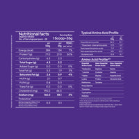 Detailed nutritional facts and amino acid profile chart for Yoga Bar ProClean Whey Protein Concentrate.