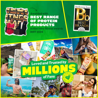 Yoga Bar trust banner highlighting Economic Times Best Brands and IHFF Best Protein Products award.