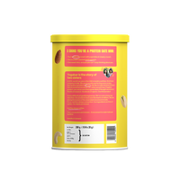 Back label of Yoga Bar Protein Date Minis tin container showcasing the brand story of the two sisters and product net weight of 200g