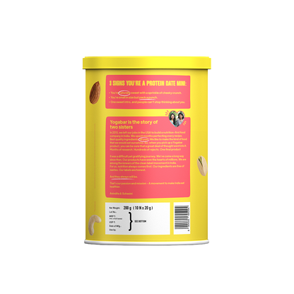 Back label of Yoga Bar Protein Date Minis tin container showcasing the brand story of the two sisters and product net weight of 200g