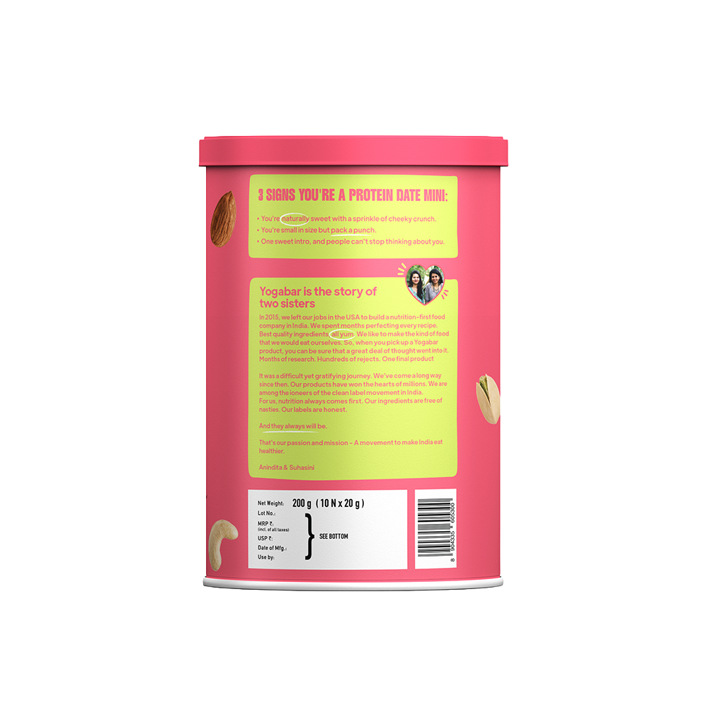 Back of pack label for Yoga Bar Protein Date Minis Classic flavor showing the product story, brand background, and net weight of 200g.