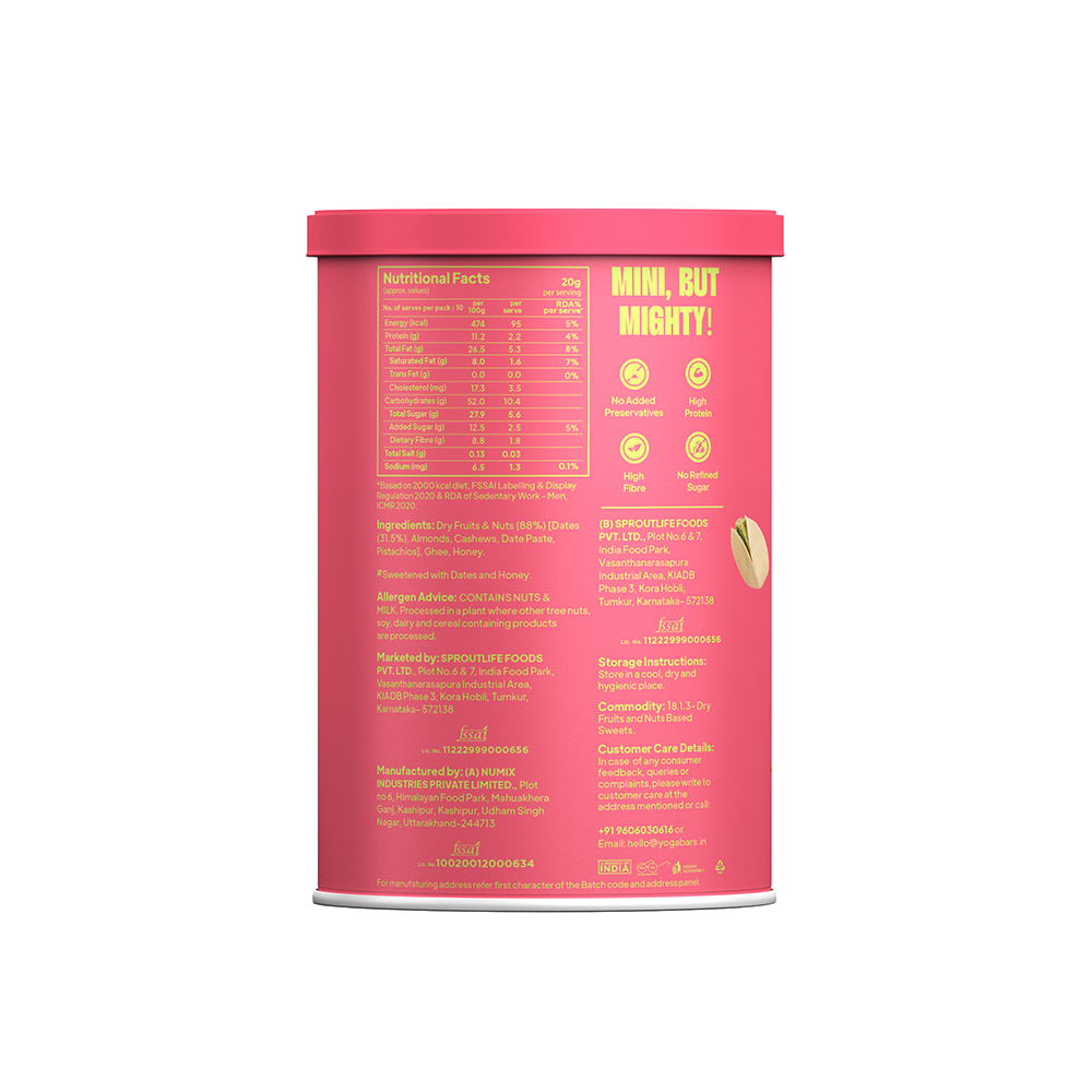 Nutritional facts table and ingredients list on the back label of Yoga Bar Protein Date Minis Classic flavor tin.