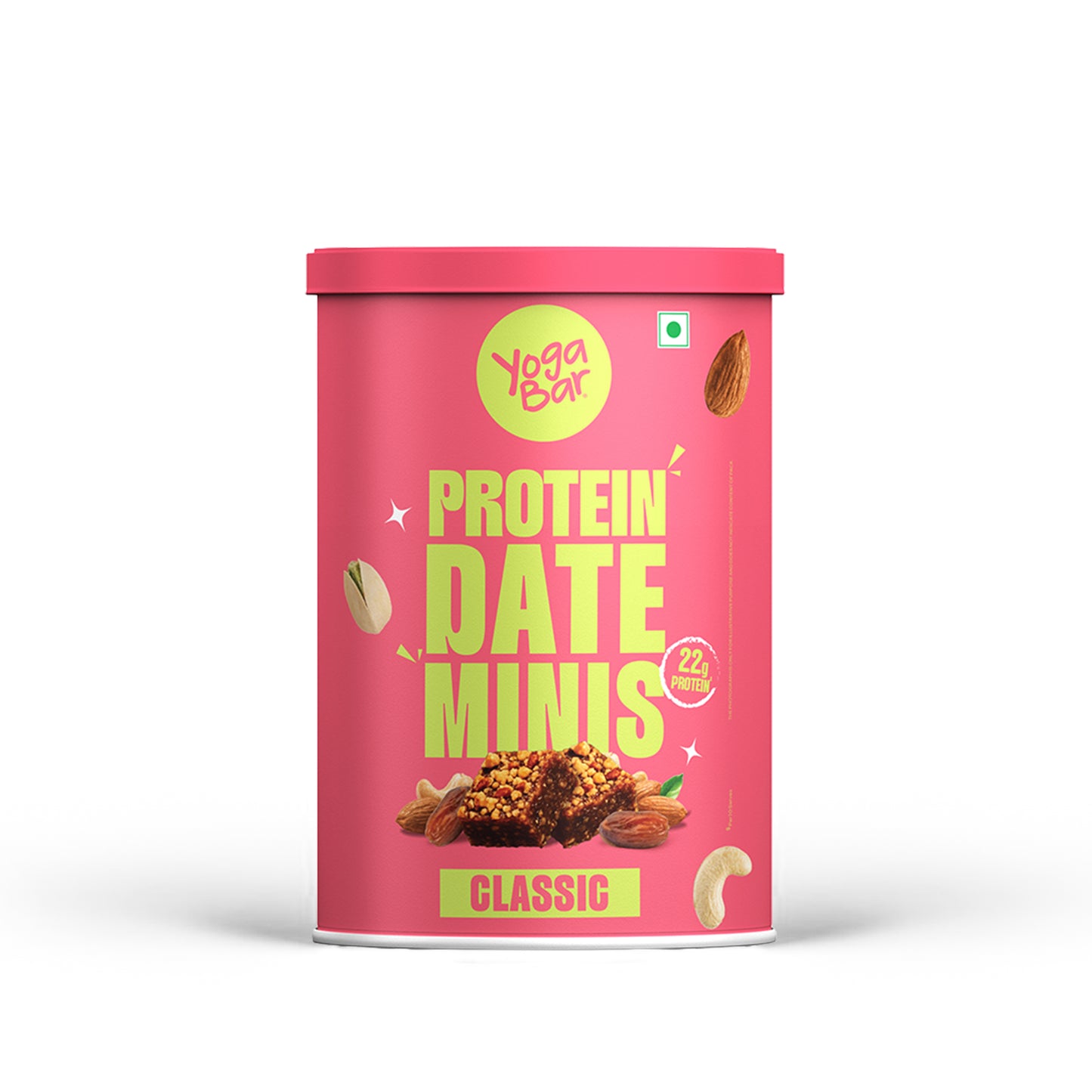 Yoga Bar Protein Date Minis Classic tin packaging with 22g protein callout.