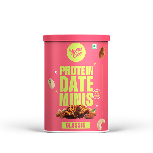 Yoga Bar Protein Date Minis Classic tin packaging with 22g protein callout.