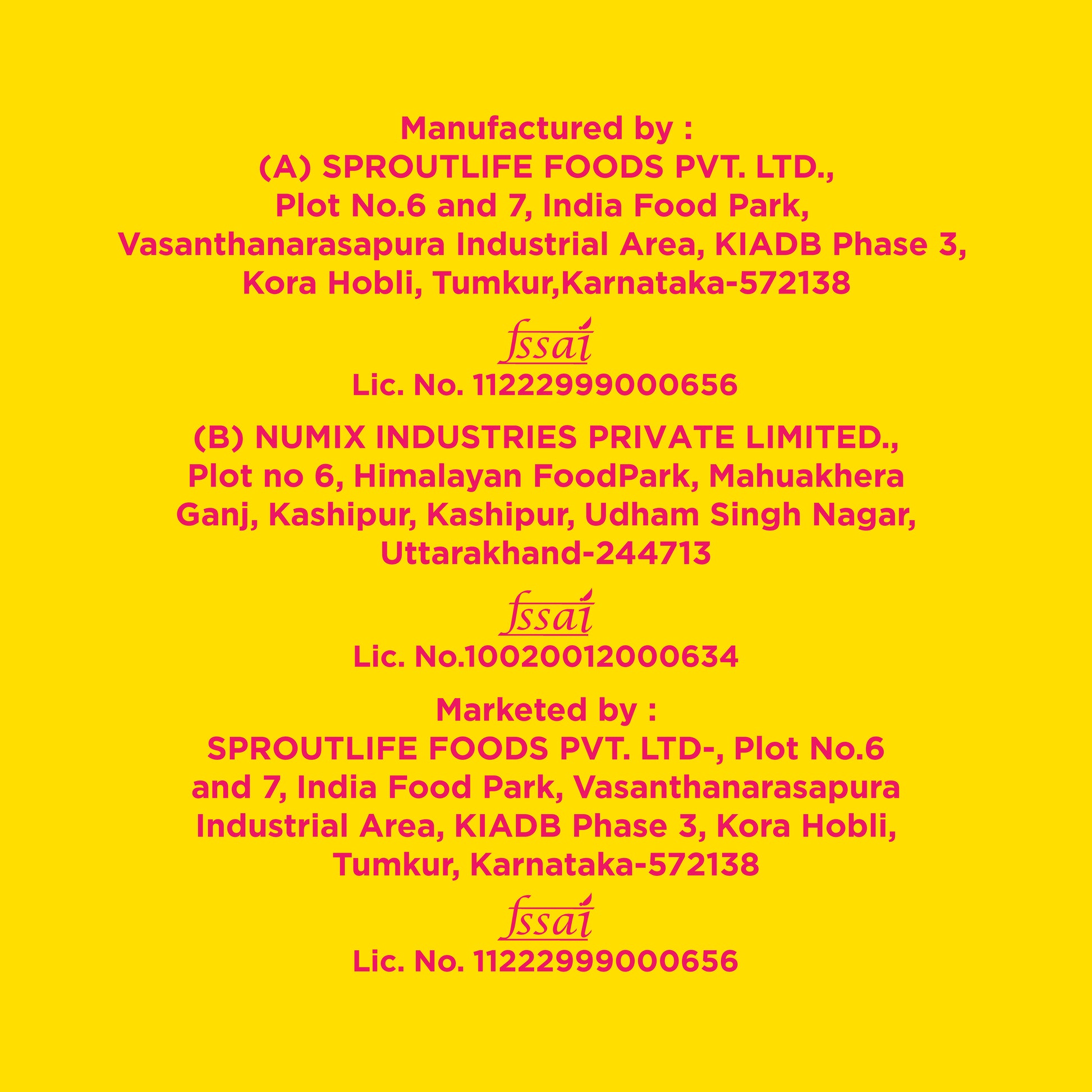 Yoga Bar Protein Date Minis product label displaying FSSAI license numbers, manufacturer locations, and marketer information