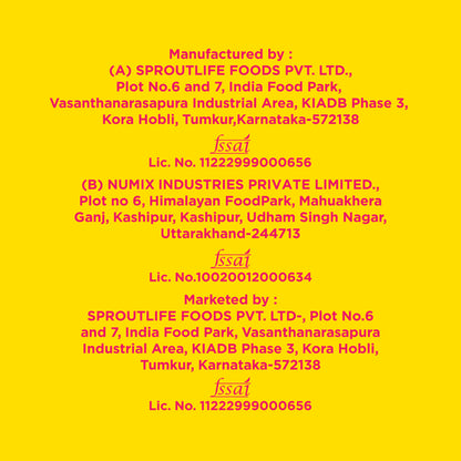 Yoga Bar Protein Date Minis product label displaying FSSAI license numbers, manufacturer locations, and marketer information