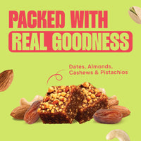 Yoga Bar Protein Date Minis ingredients graphic featuring dates and mixed nuts on a lime green background.