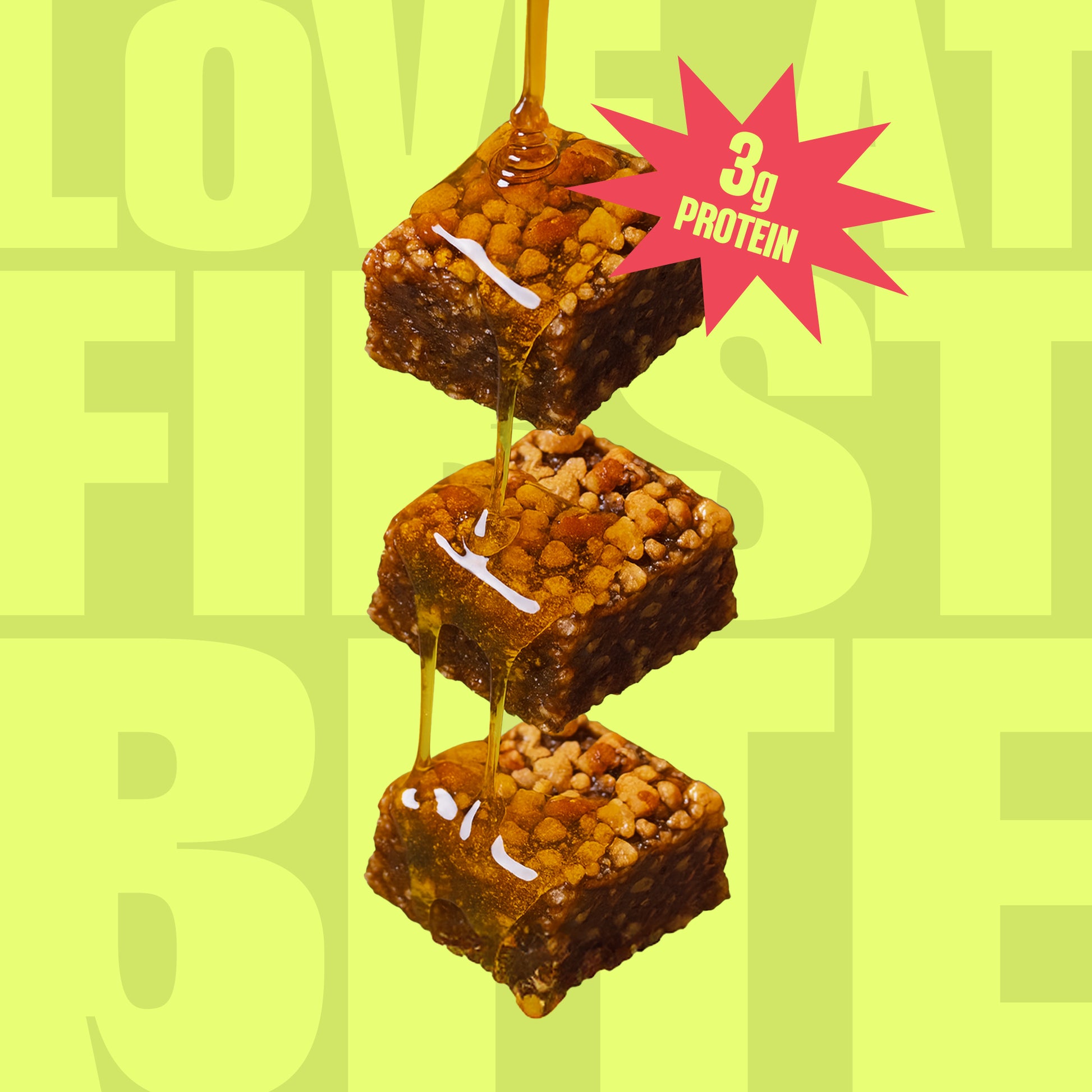 Yoga Bar Protein Date Minis close-up showing texture of nuts and dates with honey drizzle and a 3g protein per bite sticker.