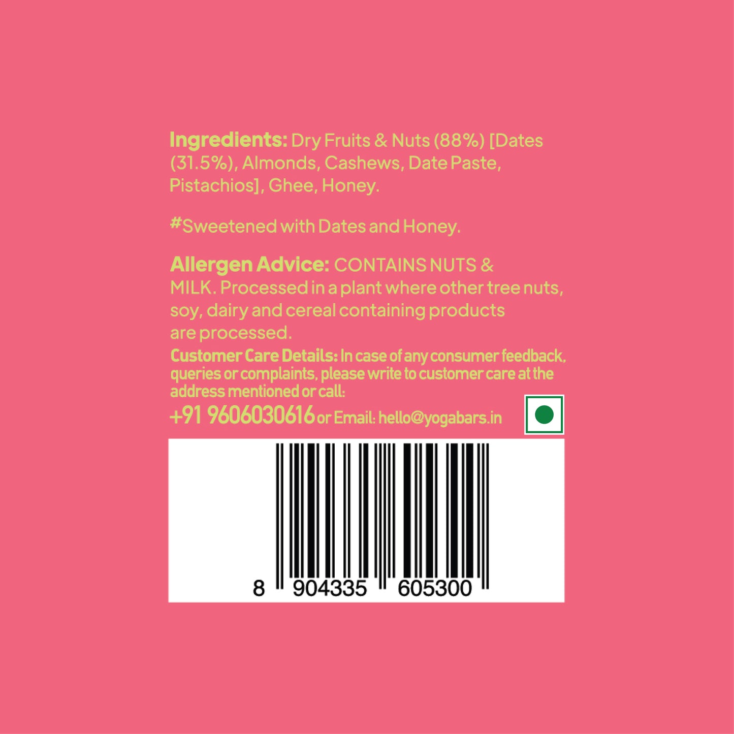 Yoga Bar Protein Date Minis ingredients, allergen warning for nuts and milk, green veg symbol, and barcode close-up.