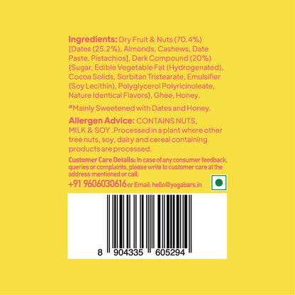 Yoga Bar Choco Dip Protein Date Minis full ingredients panel showing dry fruit, nuts, and allergen advice for nuts, milk, and soy