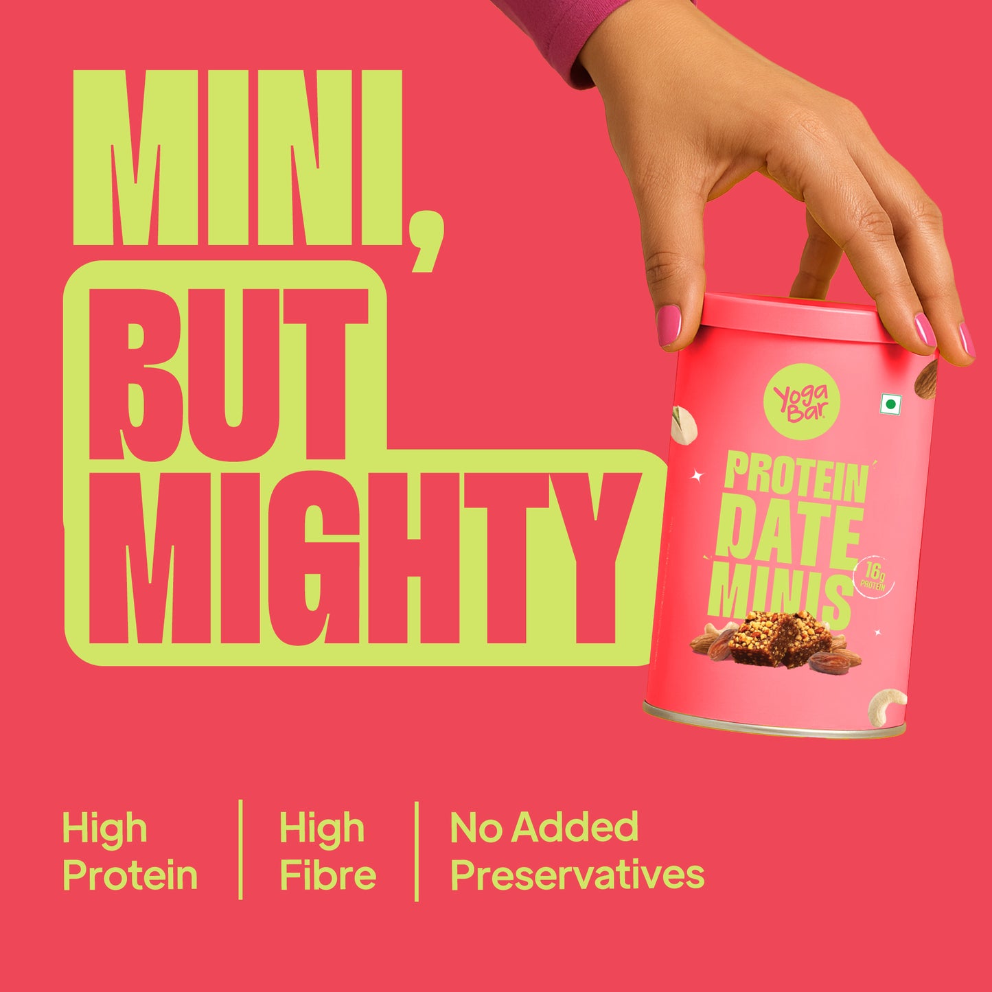 Yoga Bar Protein Date Minis promotional banner highlighting high protein, high fiber, and clean ingredients.