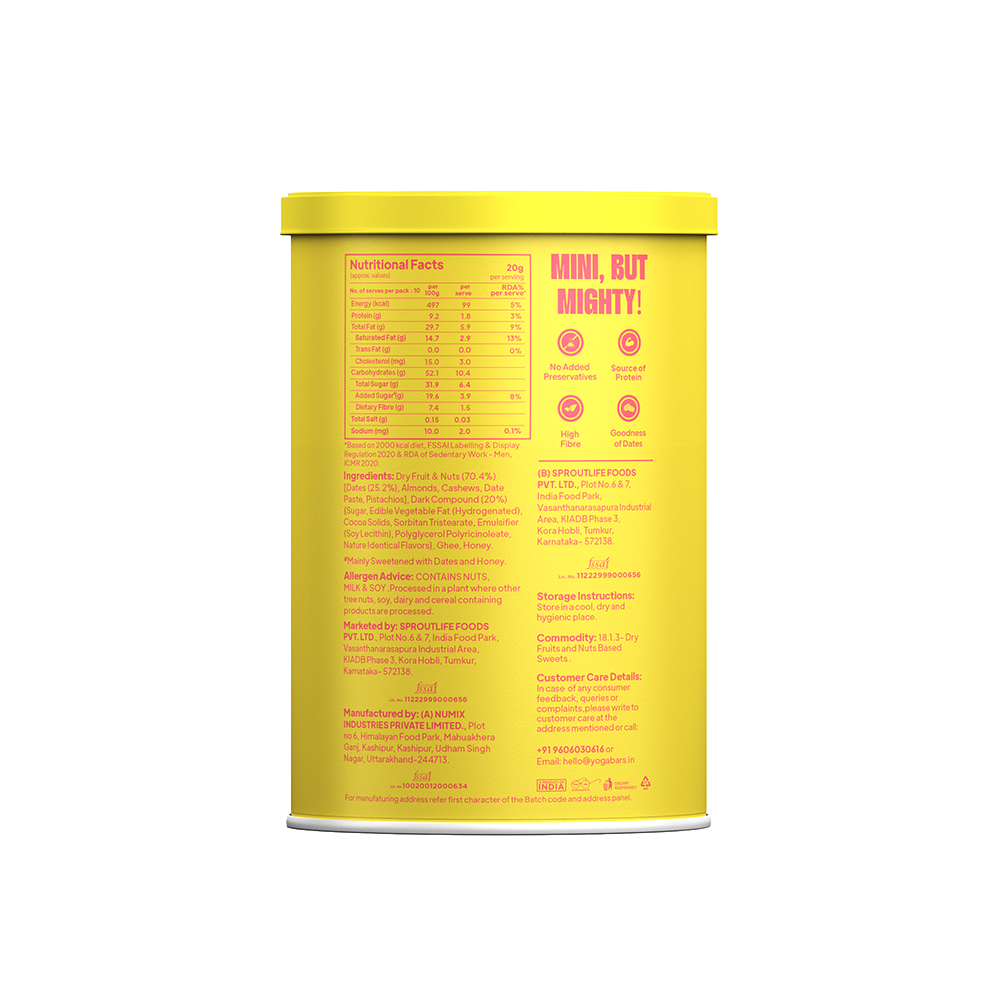 Nutrition facts label and full ingredients list on a yellow Yoga Bar Choco Dip Protein Date Minis tin container