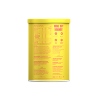 Nutrition facts label and full ingredients list on a yellow Yoga Bar Choco Dip Protein Date Minis tin container