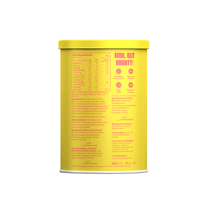 Nutrition facts label and full ingredients list on a yellow Yoga Bar Choco Dip Protein Date Minis tin container