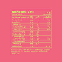 oga Bar Protein Date Minis ingredients chart and nutritional information table showing RDA percentages.