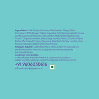 Yoga Bar Protein Minis ingredient list graphic displaying allergen advice for milk, nuts, and soy on a teal background.