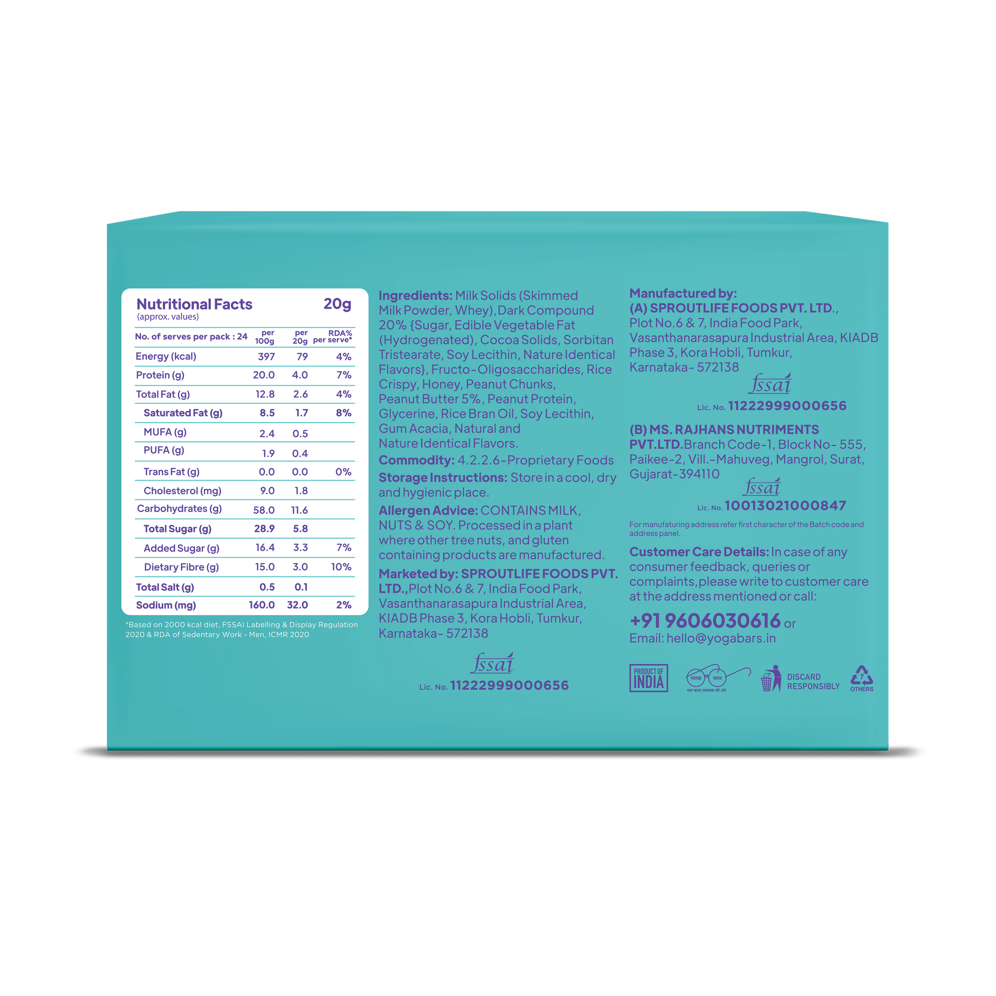 Nutritional facts label for Yoga Bar Protein Minis showing ingredients, allergen advice, and 4g protein per serving.