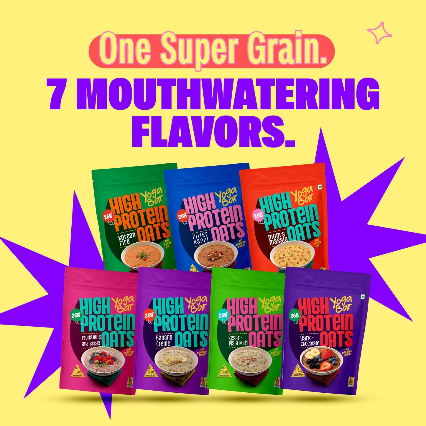 Yoga Bar High Protein Oats range featuring seven different flavors including Filter Kaapi, Tomato Salsa, and Dark Chocolate