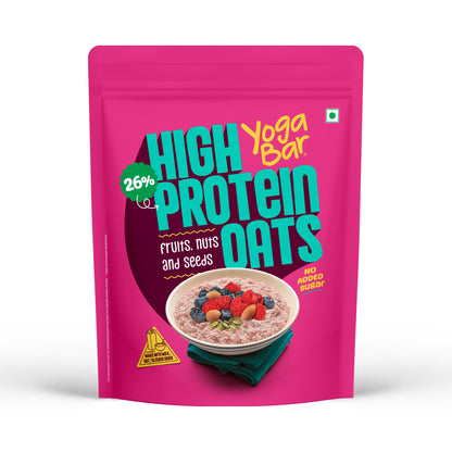 Yoga Bar High Protein Oats in Fruits Nuts and Seeds flavor pink pouch showing 26% protein and no added sugar claims