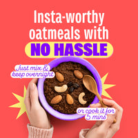 A prepared bowl of Yoga Bar Filter Kaapi protein oatmeal topped with almonds and cashews, with text explaining how to make overnight oats or cook in 5 minutes