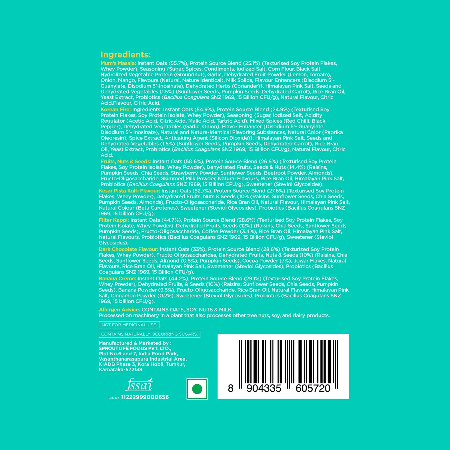 ingredient lists, allergen advice, and FSSAI compliance details for all flavors in the Yoga Bar Oats Variety Pack