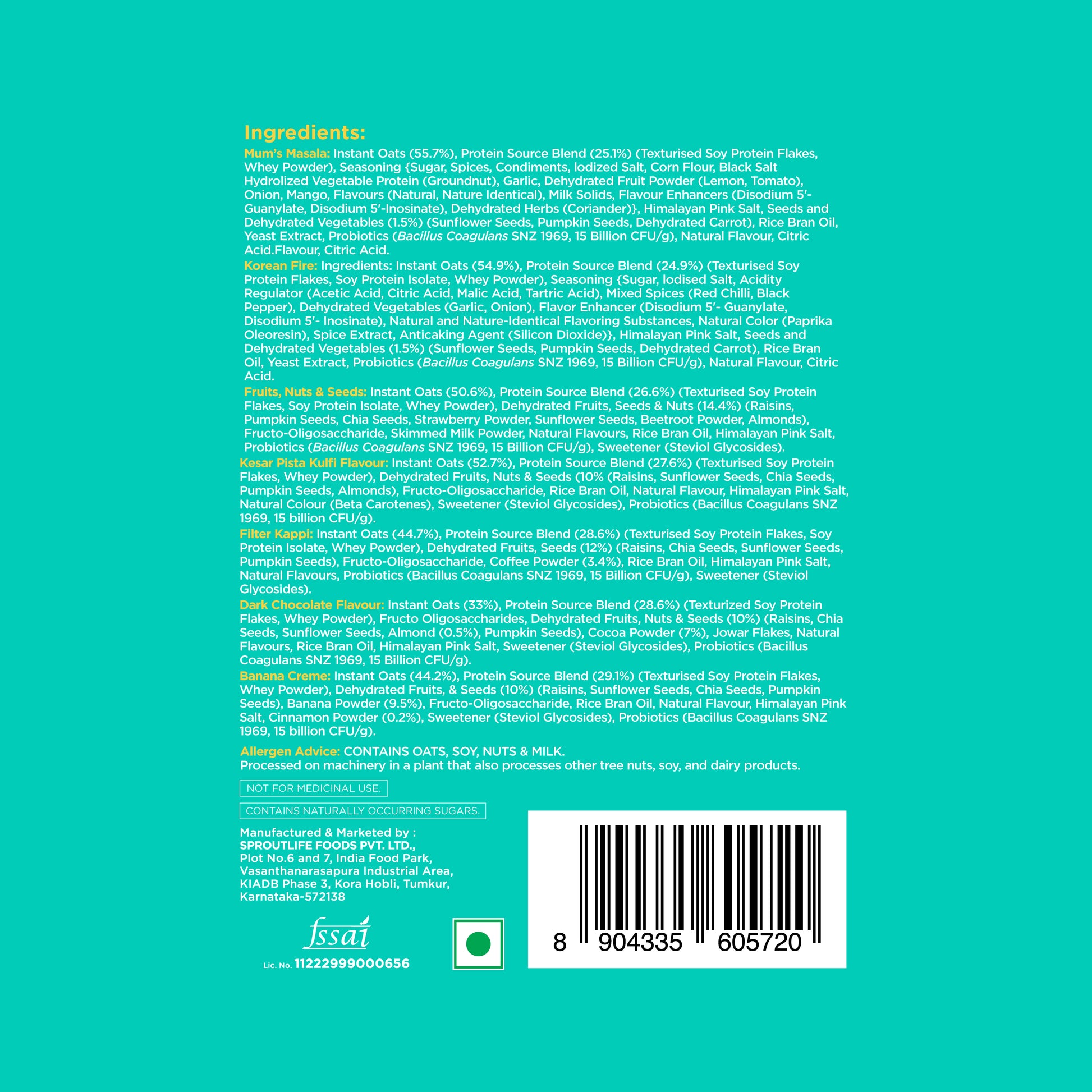 ingredient lists, allergen advice, and FSSAI compliance details for all flavors in the Yoga Bar Oats Variety Pack