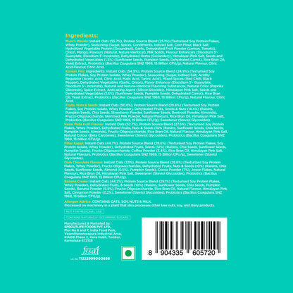 ingredient lists, allergen advice, and FSSAI compliance details for all flavors in the Yoga Bar Oats Variety Pack