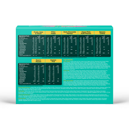 Yoga Bar High Protein Oats Variety Pack box showing nutritional tables and ingredients for all seven flavors