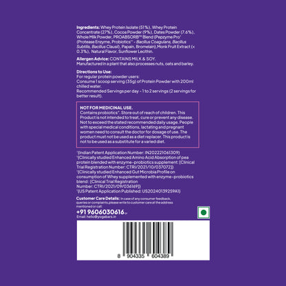 Yoga Bar whey protein packaging back label detailing 51% isolate, directions for a 35g scoop, and allergen warnings.