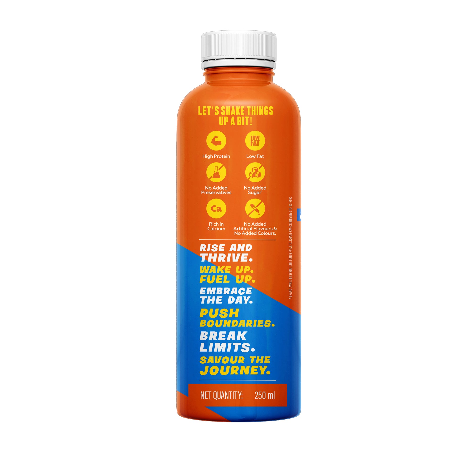 Yoga Bar protein shake 250ml bottle highlighting high protein, low fat, rich in calcium, and no added sugar.