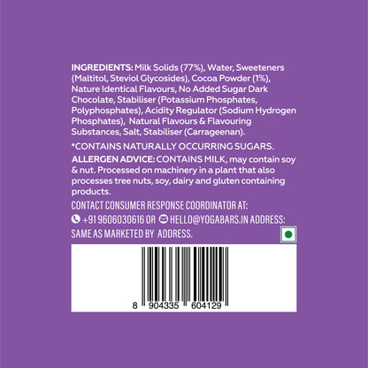 Yoga Bar protein shake ingredient list on purple label showing 77% milk solids, 1% cocoa powder, and dark chocolate.
