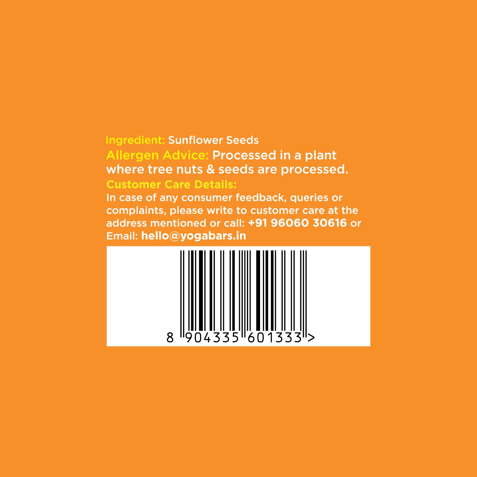 Back of Yoga Bar sunflower seeds packet with ingredient list, barcode, and customer care contact details.