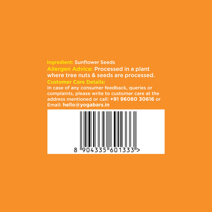 Back of Yoga Bar sunflower seeds packet with ingredient list, barcode, and customer care contact details.
