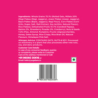 Yoga Bar Super Muesli ingredients and allergen warning list with customer care contact details on pink background.