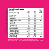 Yoga Bar Fruits Nuts and Seeds Super Muesli nutrition label showing protein and fibre per 40g serving.