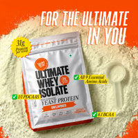 Yogabar Ultimate Whey Isolate pack with scoop, highlighting 31g protein, 1/1 PDCAAS, and all 9 essential amino acids.