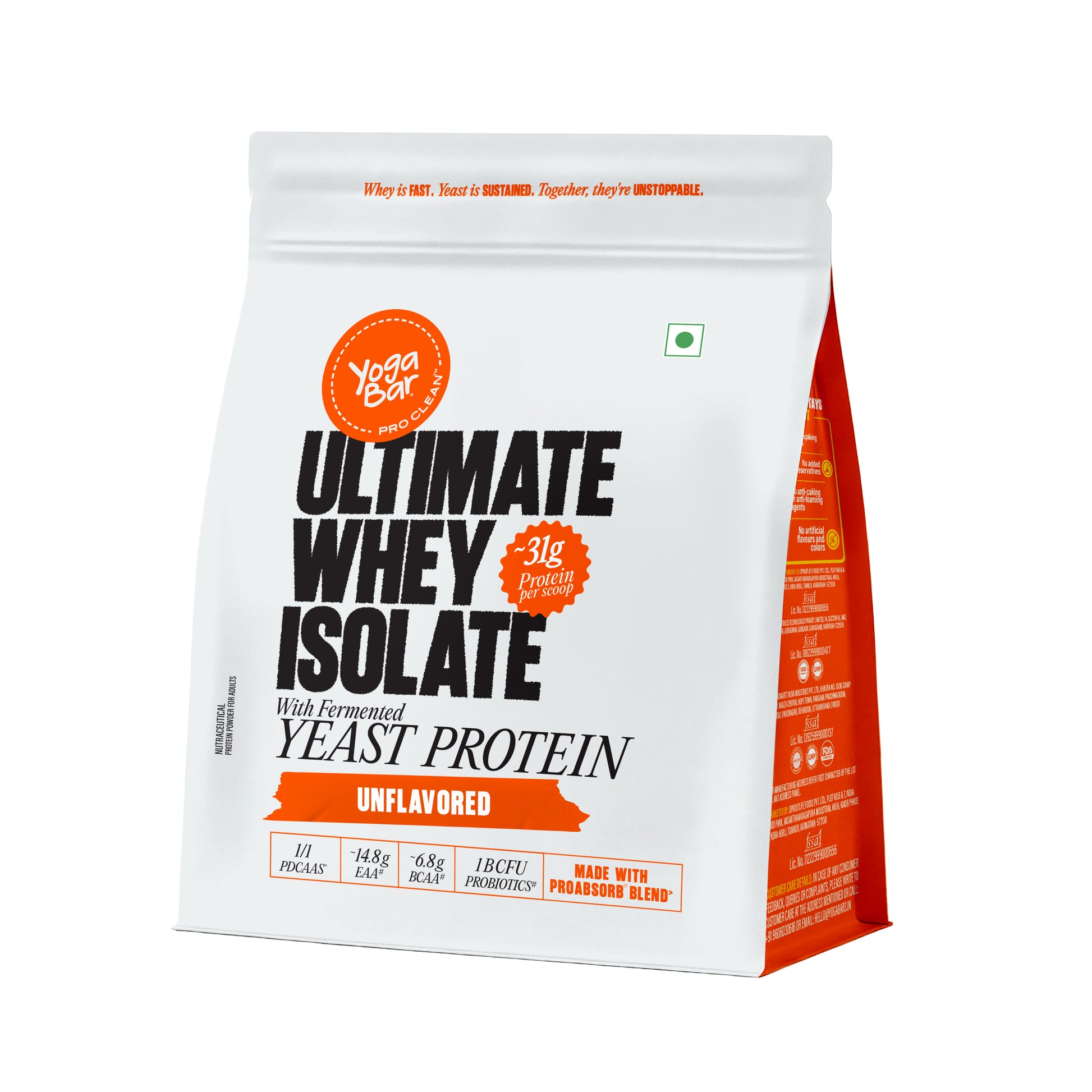 Yogabar Ultimate Whey Isolate with Fermented Yeast Protein unflavored pouch offering 31g protein per scoop
