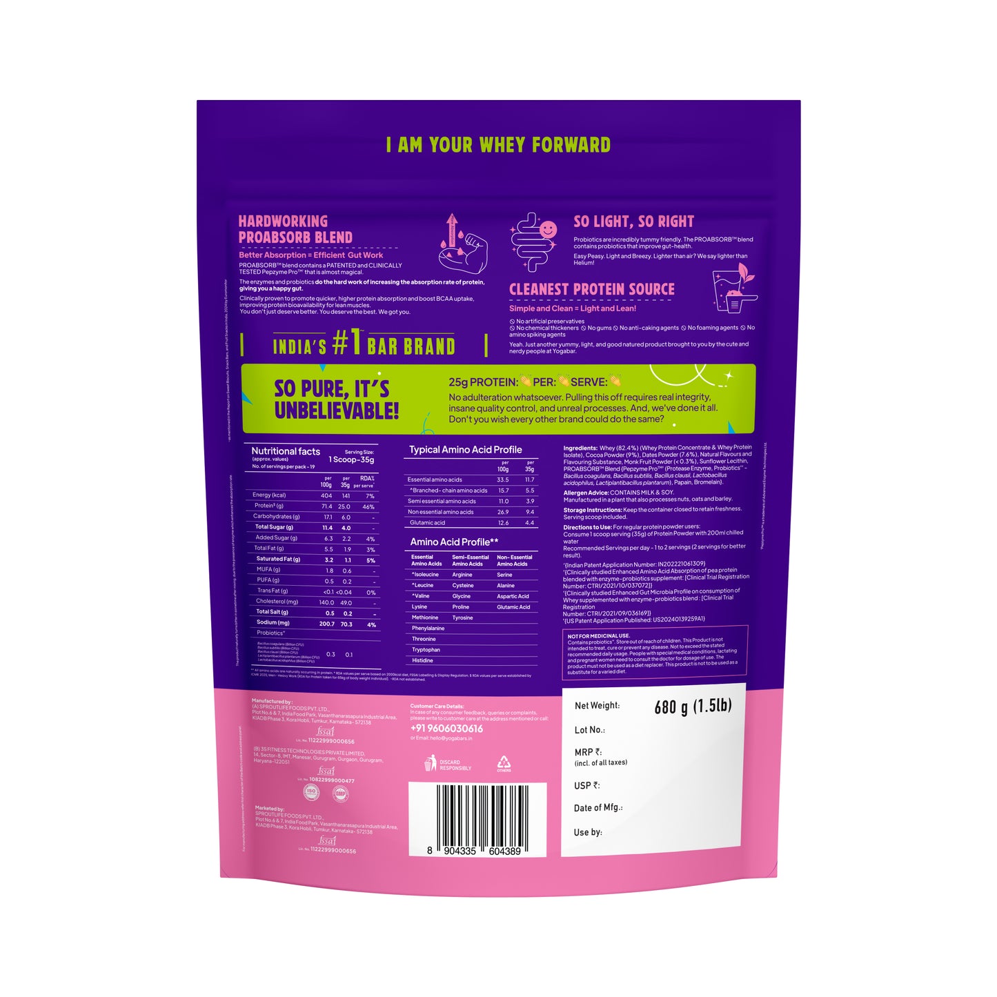 Yoga Bar whey protein packaging back label detailing 25g protein per serve and a net weight of 680g.