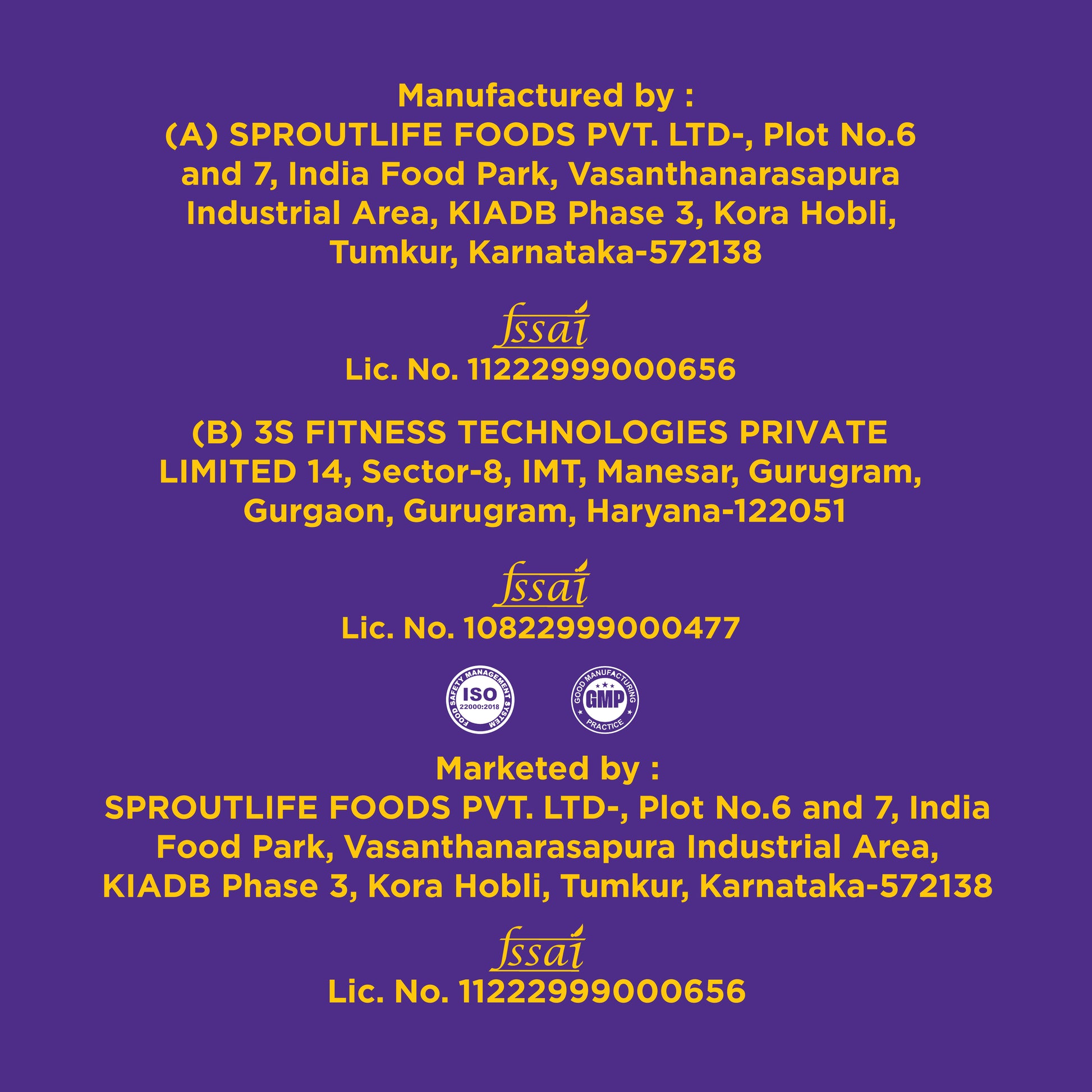 Yoga Bar Whey Protein manufacturer details – Sproutlife Foods, FSSAI license, ISO & GMP certified