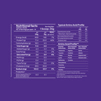 Yoga Bar protein powder nutrition facts label detailing 25g protein per 35g scoop and a typical amino acid profile.