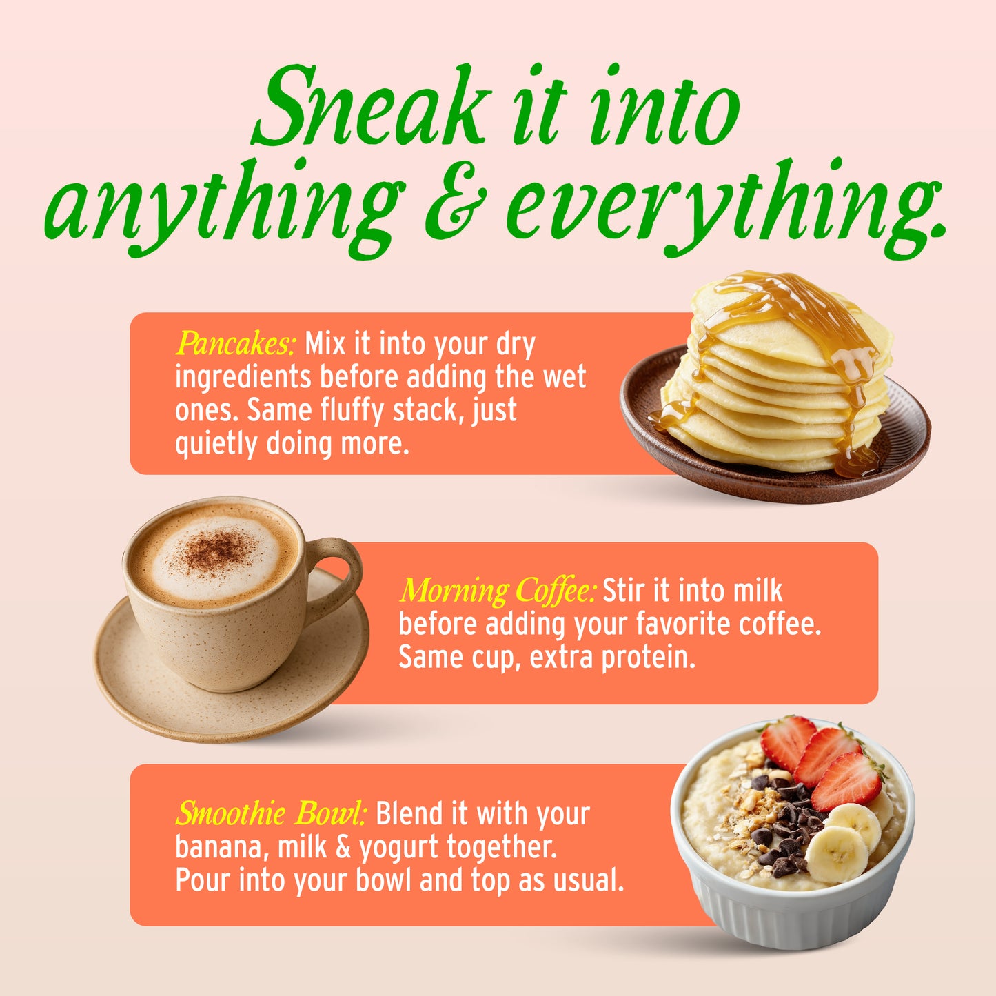 Recipe ideas for mixing Yeast Protein into pancakes, coffee and smoothie bowls