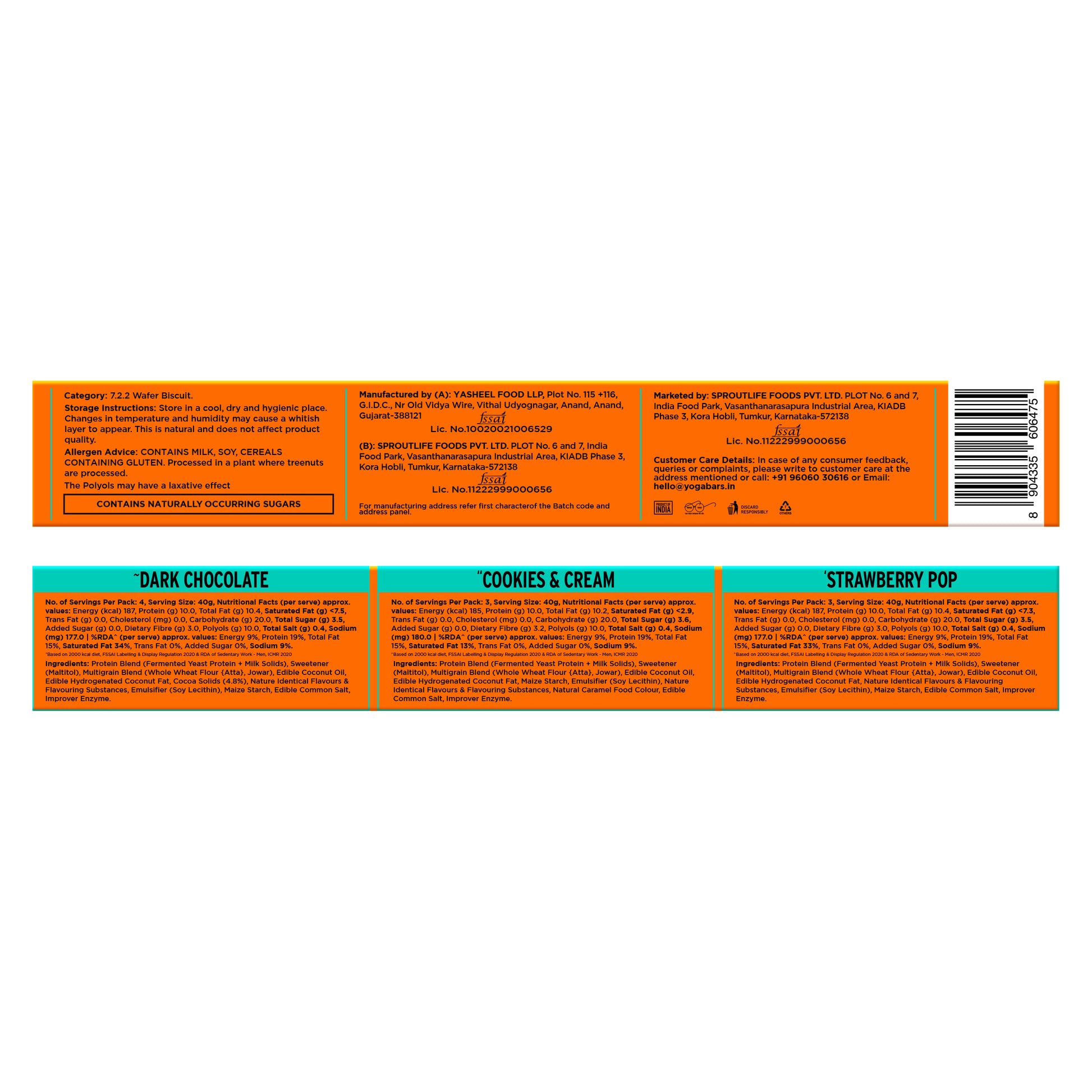 Yoga Bar 10g Protein Wafer Bars Variety Pack back of pack with nutrition facts and ingredients for Dark Chocolate Cookies and Cream and Strawberry Pop