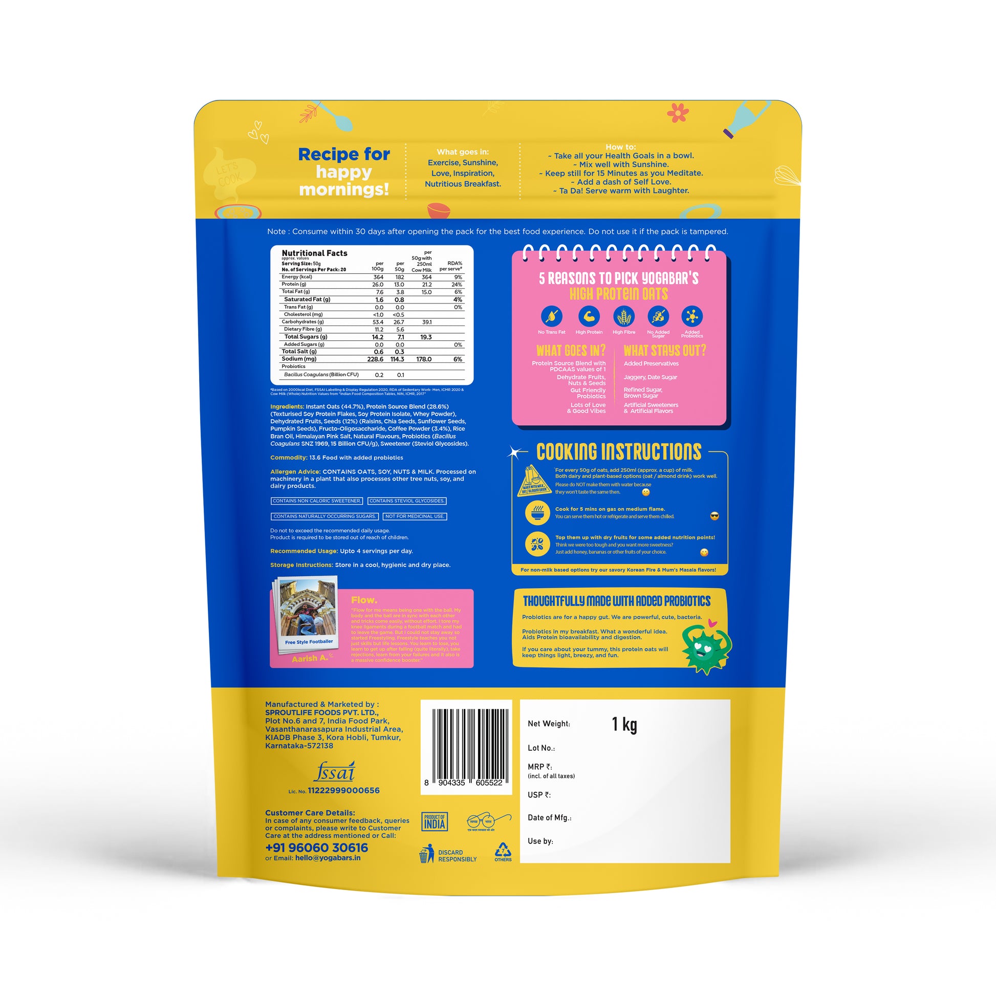 Yoga Bars 26g High Protein Oats Fruits and Nuts 1kg back of pack with nutrition facts cooking instructions and added probiotics
