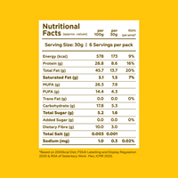 Yoga Bar California Almonds 200g nutrition facts showing 28.8g protein 10g fibre zero added sugar and zero trans fat per 100g