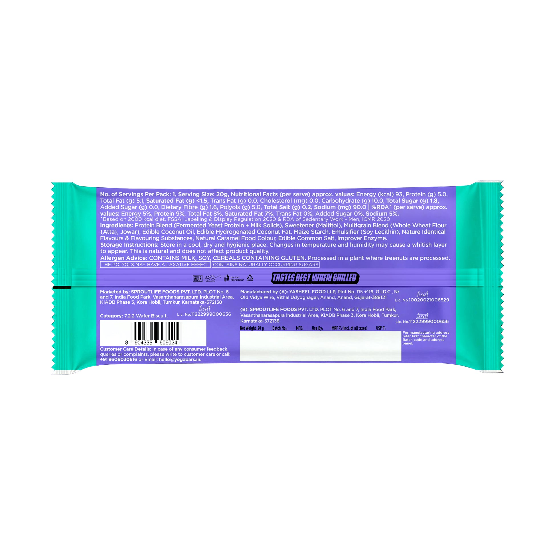 Yoga Bar Protein Wafer Bar Cookies and Cream back of pack with nutrition facts ingredients and FSSAI license details